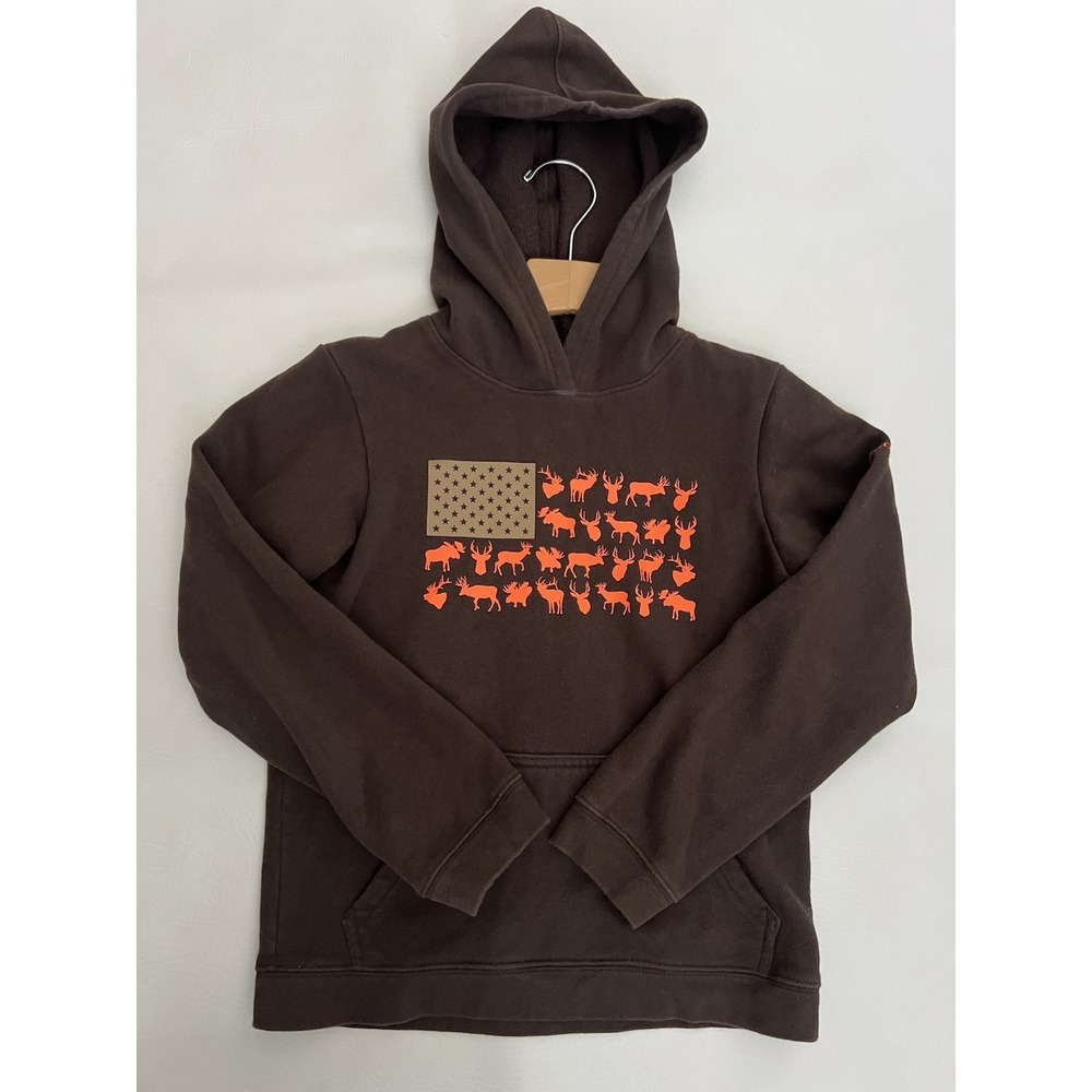 Columbia Youth Kids S 8 Brown Hoodie Sweatshirt US Flag Deer Hunting Orange